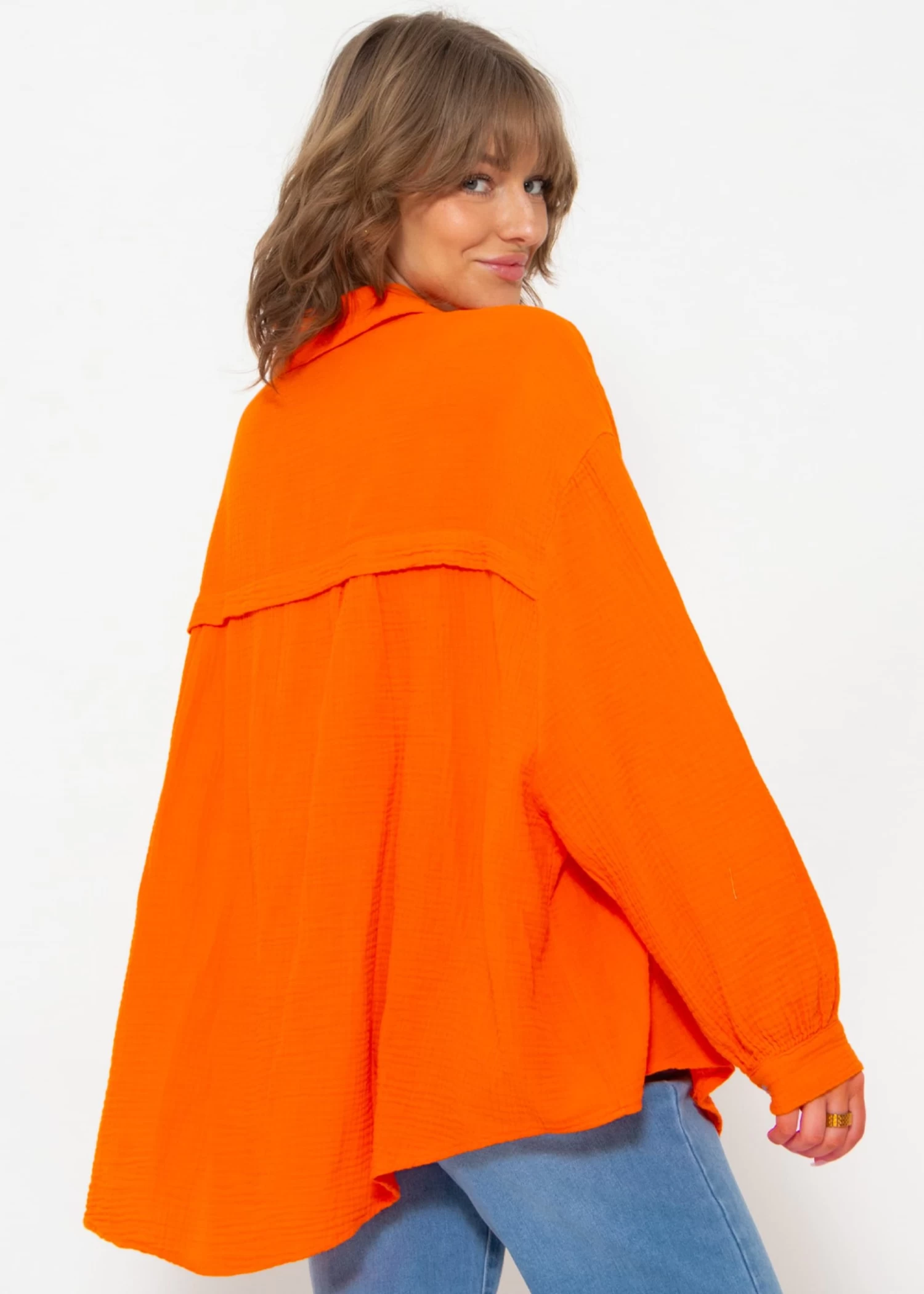 Musselin Bluse Oversize, Kurz, Orange 9 Musselin Bluse Oversize, Kurz, Orange – Bild 7