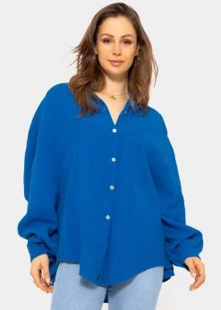 Musselin Bluse Oversize, Kurz, Royalblau