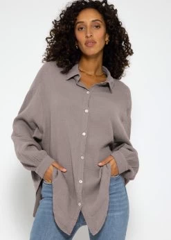 Musselin Bluse Oversize, Kurz, Taupe