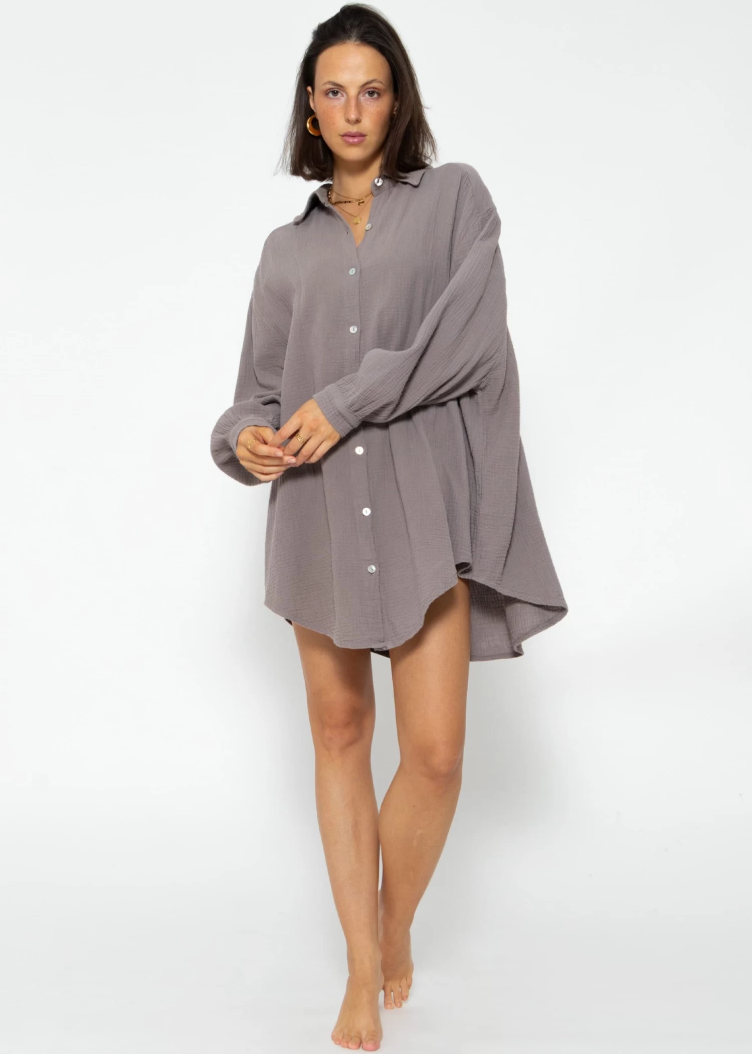 Musselin Bluse Oversize, Taupe 4 Musselin Bluse Oversize, Taupe – Bild 2