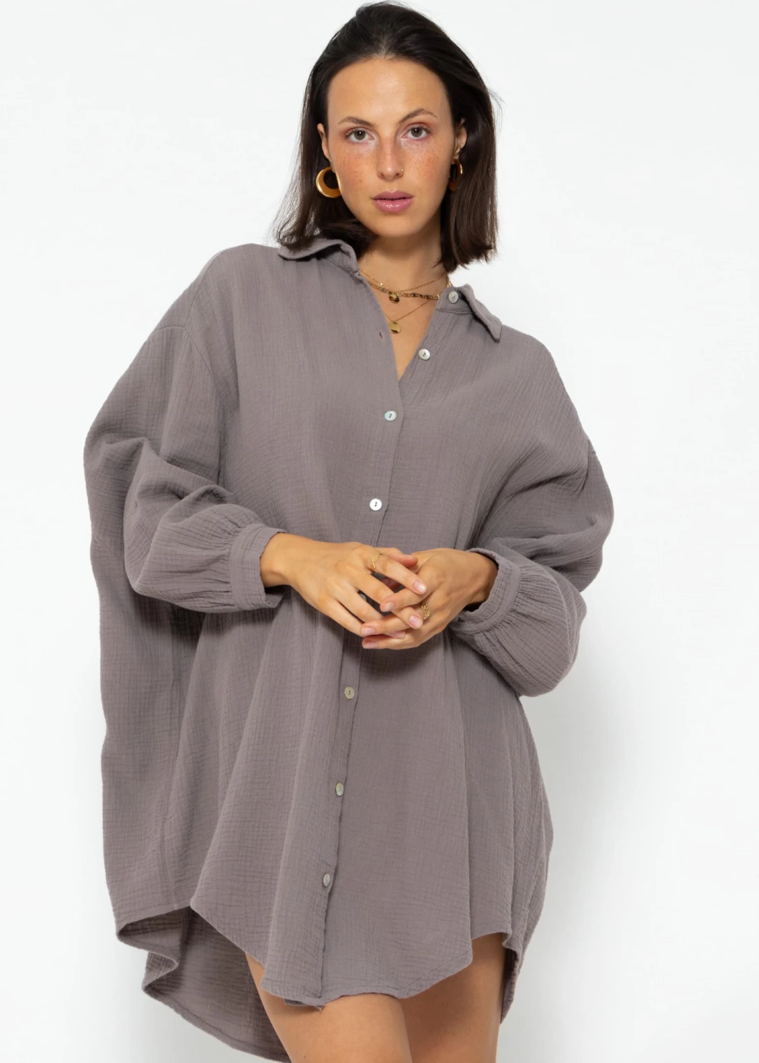 Musselin Bluse Oversize, Taupe 3 Musselin Bluse Oversize, Taupe
