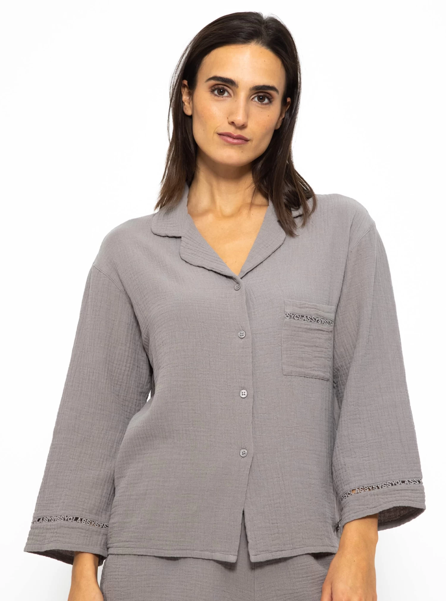 Musselin Pyjamabluse Mit Spitzenborte - Taupe 3 Musselin Pyjamabluse Mit Spitzenborte - Taupe