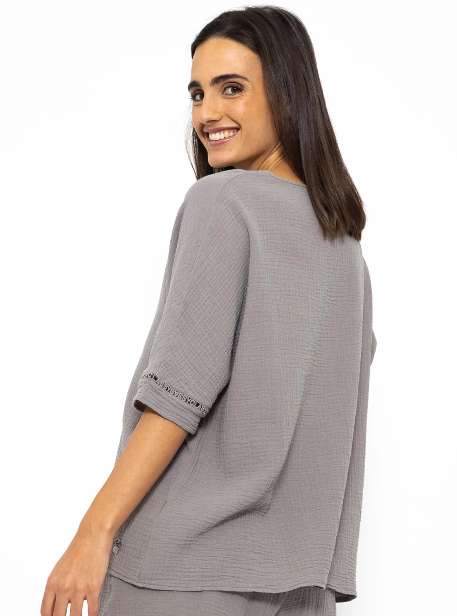 Musselin Pyjamashirt Mit Spitzenborte - Taupe 9 Musselin Pyjamashirt Mit Spitzenborte - Taupe – Bild 7