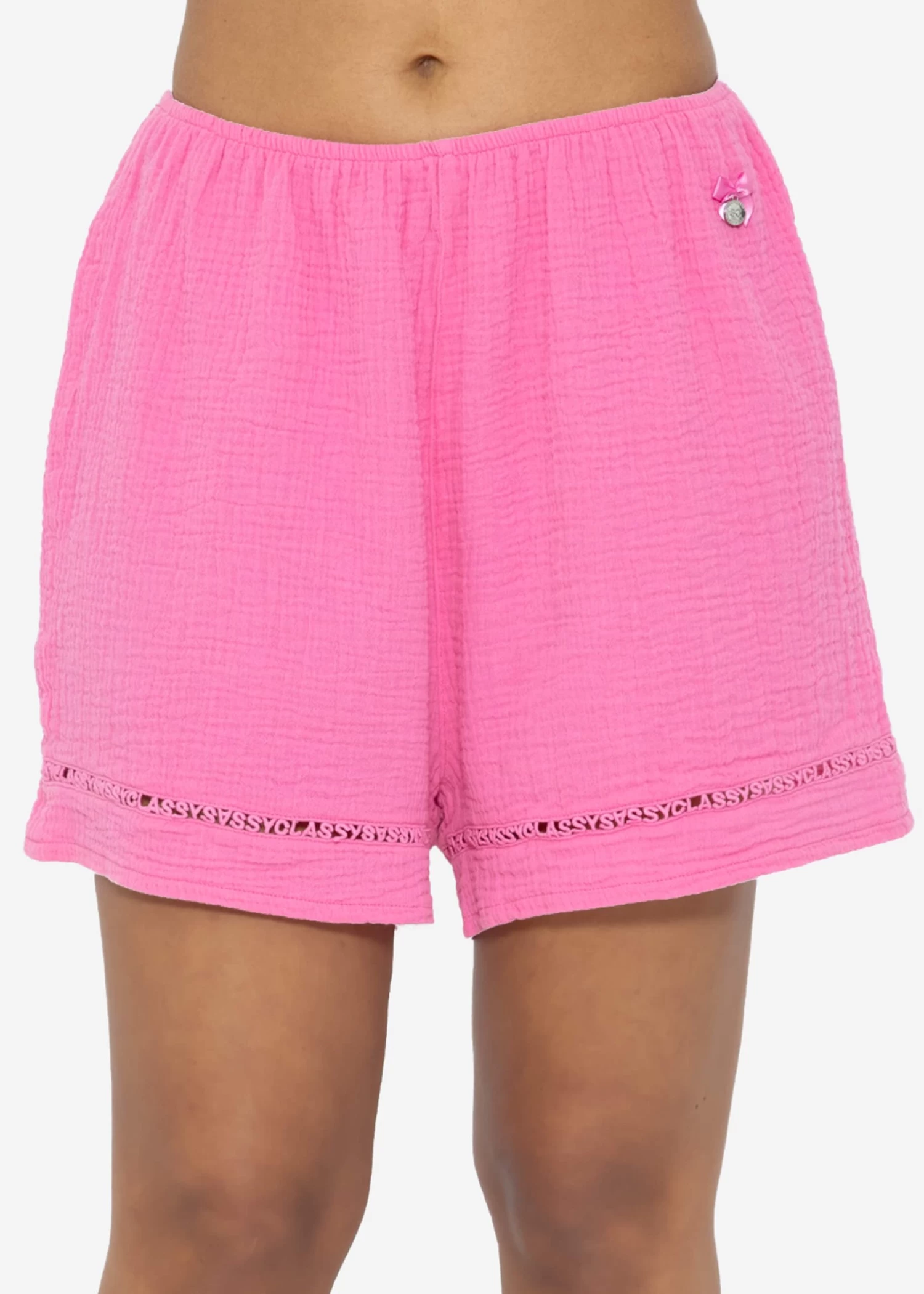 Musselin Pyjamashorts Mit Spitzenborte - Pink 3 Musselin Pyjamashorts Mit Spitzenborte - Pink