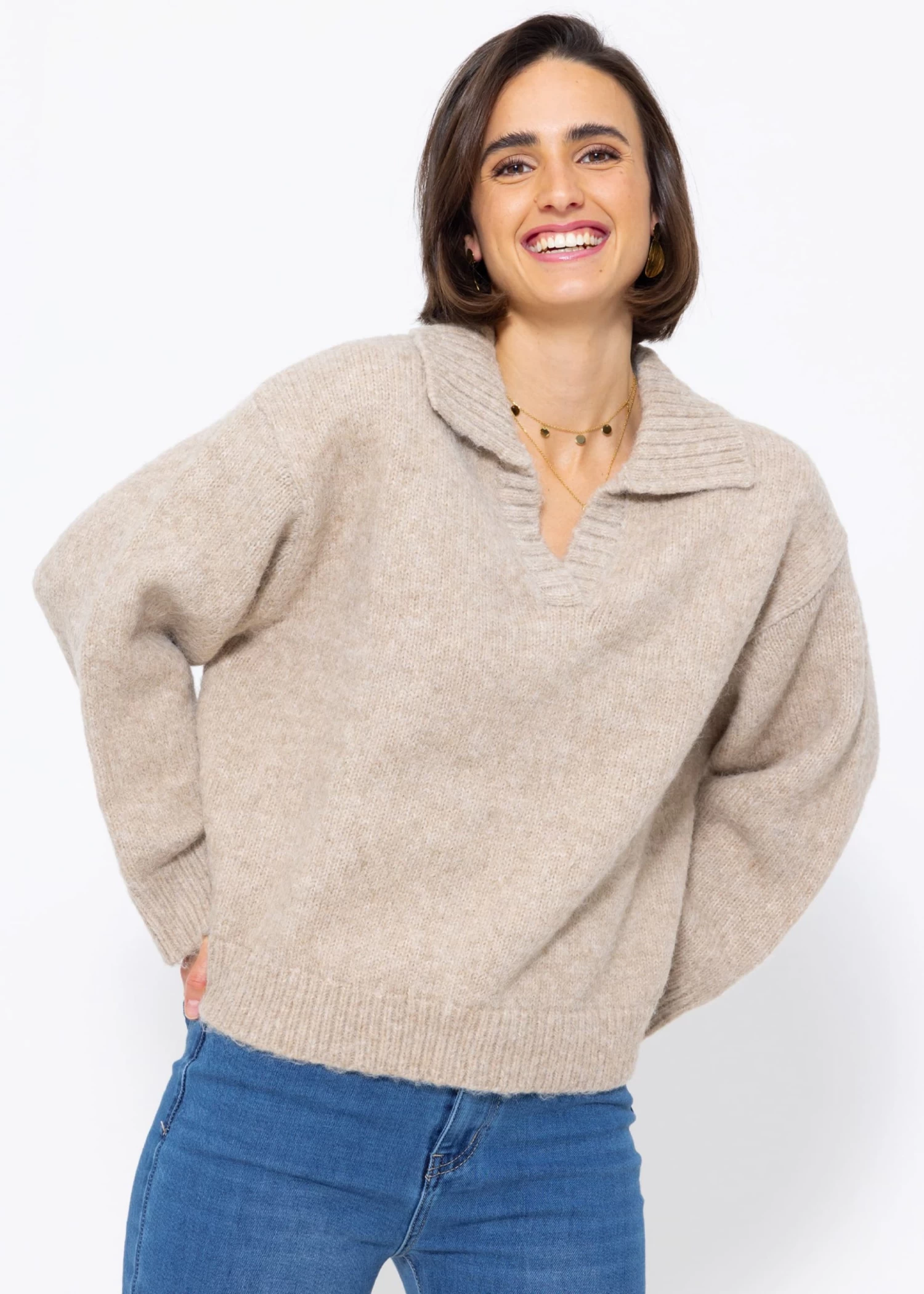 Oversize Pullover Mit Kragen - Beige 3 Oversize Pullover Mit Kragen - Beige