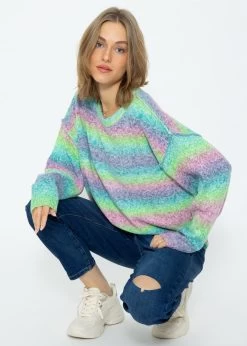 Oversize Pullover Mit Multicolor Streifen - Grün -Sassyclassy SassyClassy oversize pullover mit multicolor streifen grun S3211P6624 1