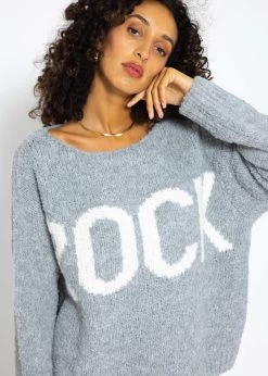 Oversize Pullover Mit "Rock"-Schriftzug - Grau-weiß -Sassyclassy SassyClassy oversize pullover mit rock schriftzug grau weiss S3209P6467