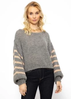 Pullover Mit Gestreiften Ärmeln - Grau-beige 12 Pullover Mit Gestreiften Ärmeln - Grau-beige -Sassyclassy SassyClassy pullover mit gestreiften armeln grau beige S3207P6126 6