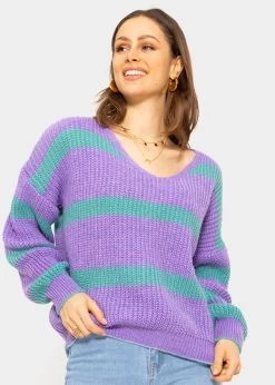 Pullover Mit Streifen Und V-Ausschnitt, Lila-türkis -Sassyclassy SassyClassy pullover mit streifen und v ausschnitt lila turkis S3207P6117 3mO5XuiAQKlB5x