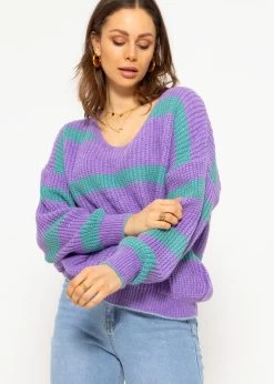 Pullover Mit Streifen Und V-Ausschnitt, Lila-türkis -Sassyclassy SassyClassy pullover mit streifen und v ausschnitt lila turkis S3207P6117 2