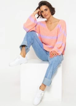 Pullover Mit Streifen Und V-Ausschnitt - Peach-flieder -Sassyclassy SassyClassy pullover mit streifen und v ausschnitt peach flieder S4203P6842 13