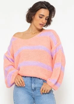 Pullover Mit Streifen Und V-Ausschnitt - Peach-flieder -Sassyclassy SassyClassy pullover mit streifen und v ausschnitt peach flieder S4203P6842 14