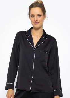 Satin Pyjama Bluse Mit Paspel - Schwarz -Sassyclassy SassyClassy pyjama bluse mit paspel schwarz S3209NL6422 6