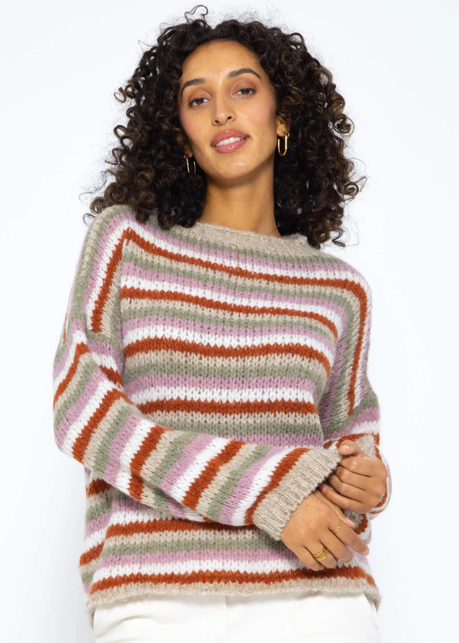 Rundhalspullover Mit Bunten Ringelstreifen - Beige 5 Rundhalspullover Mit Bunten Ringelstreifen - Beige – Bild 4