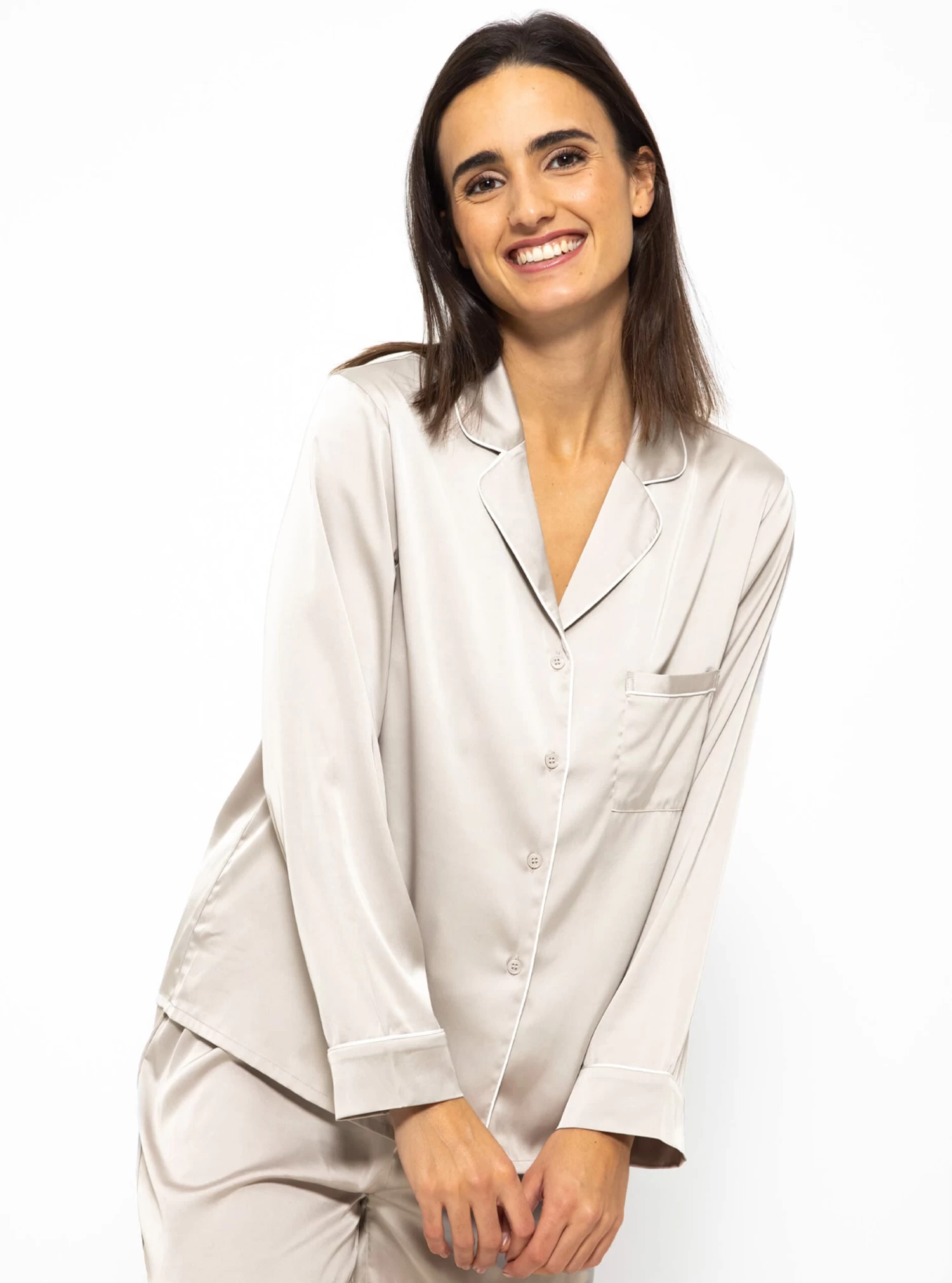 Satin Pyjama Bluse Mit Paspel - Champagner 3 Satin Pyjama Bluse Mit Paspel - Champagner