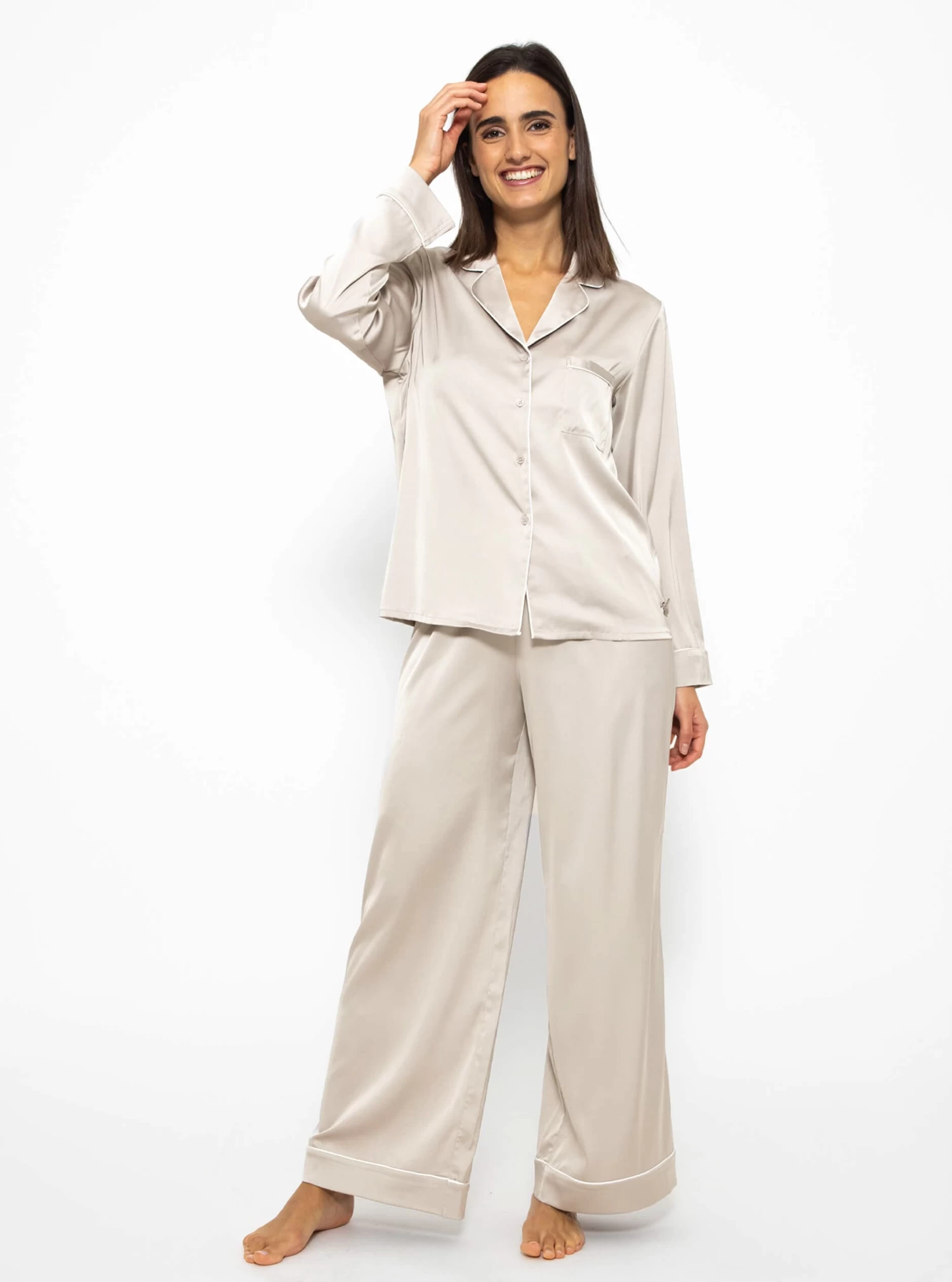 Satin Pyjama Bluse Mit Paspel - Champagner 4 Satin Pyjama Bluse Mit Paspel - Champagner – Bild 2