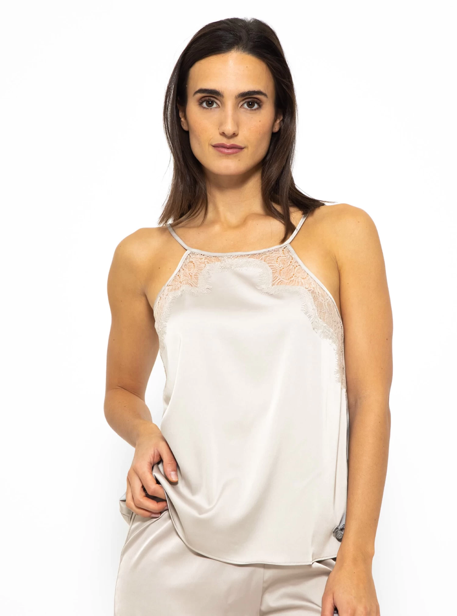 Satin Pyjama Top Mit Spitze - Champagner 3 Satin Pyjama Top Mit Spitze - Champagner