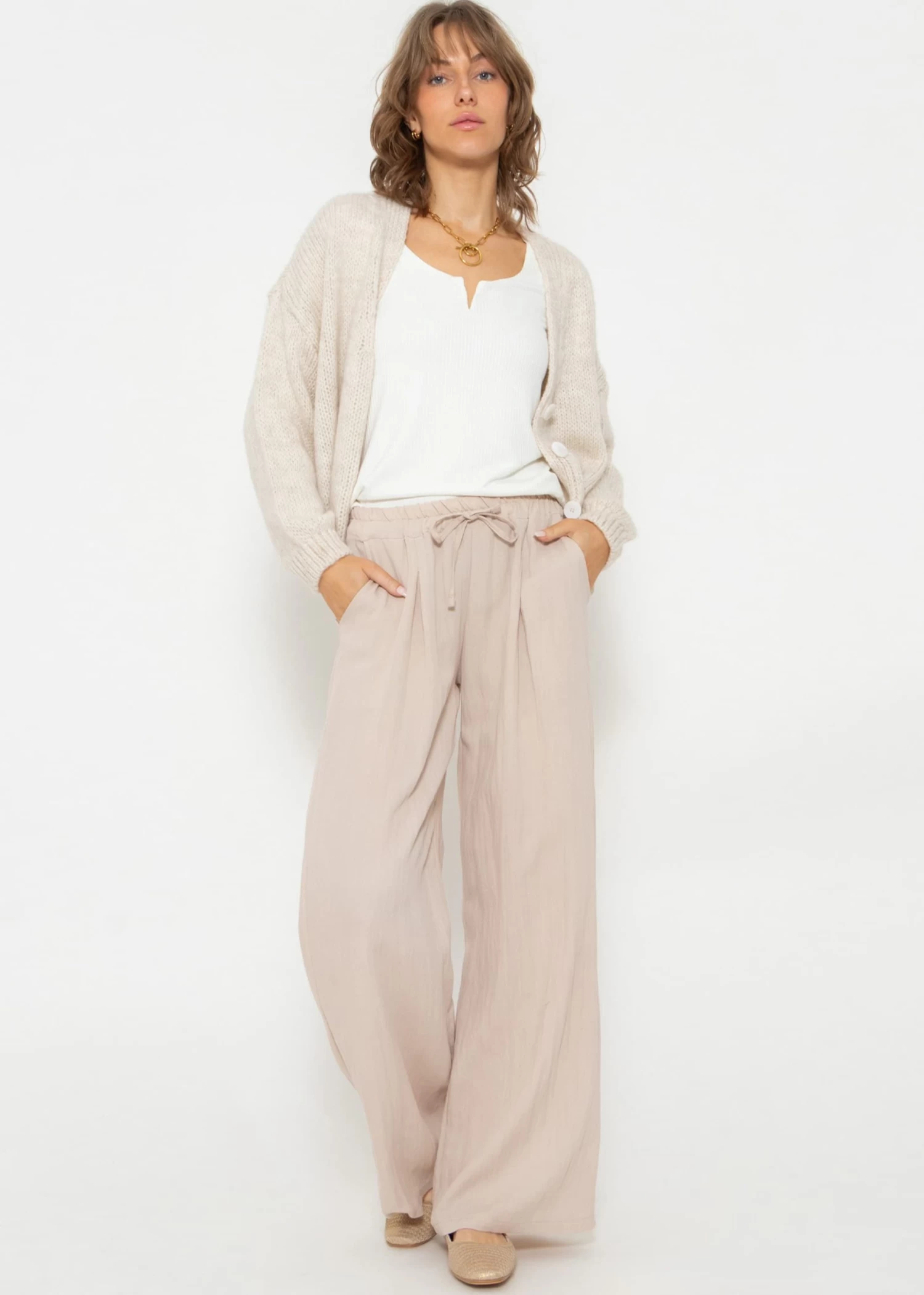 Schimmernde Lässige Viskose Hose - Beige 6 Schimmernde Lässige Viskose Hose - Beige – Bild 4