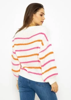 Strickpullover Mit Farbigen Streifen - Offwhite-pink-orange -Sassyclassy SassyClassy strickpullover mit farbigen streifen offwhite fuchisa orange S3211P6725
