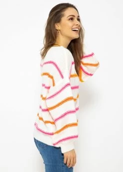 Strickpullover Mit Farbigen Streifen - Offwhite-pink-orange -Sassyclassy SassyClassy strickpullover mit farbigen streifen offwhite fuchisa orange S3211P6725 4