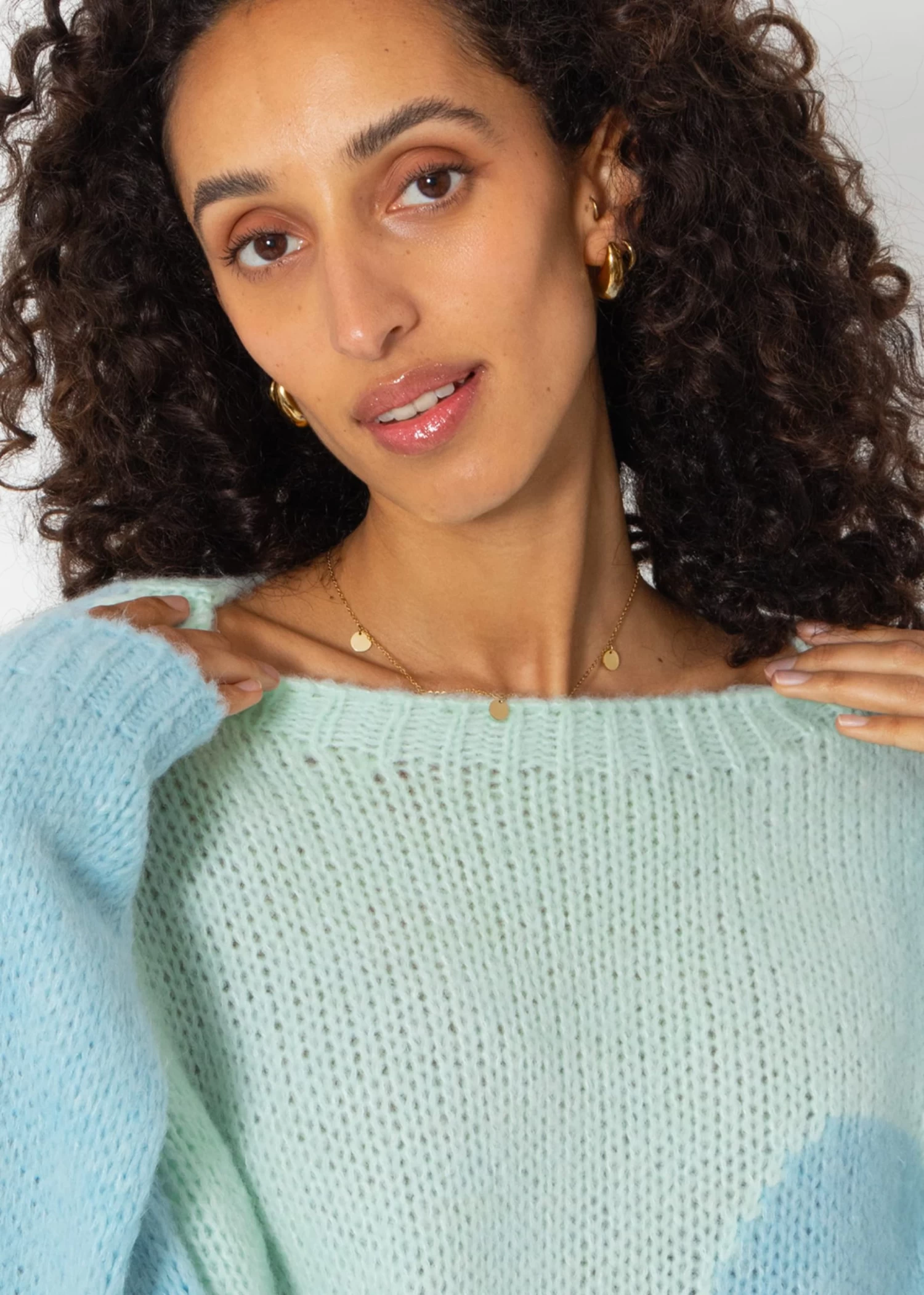 Zweifarbiger Strickpullover - Hellblau-pastellgrün 3 Zweifarbiger Strickpullover - Hellblau-pastellgrün