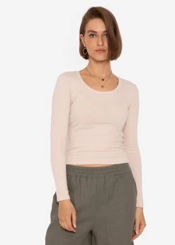Enganliegendes Langarmshirt Mit Biese, Beige