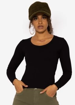 Enganliegendes Langarmshirt Mit Biese, Schwarz