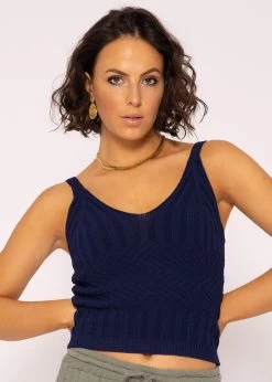 Geripptes Strick Top, Dunkelblau