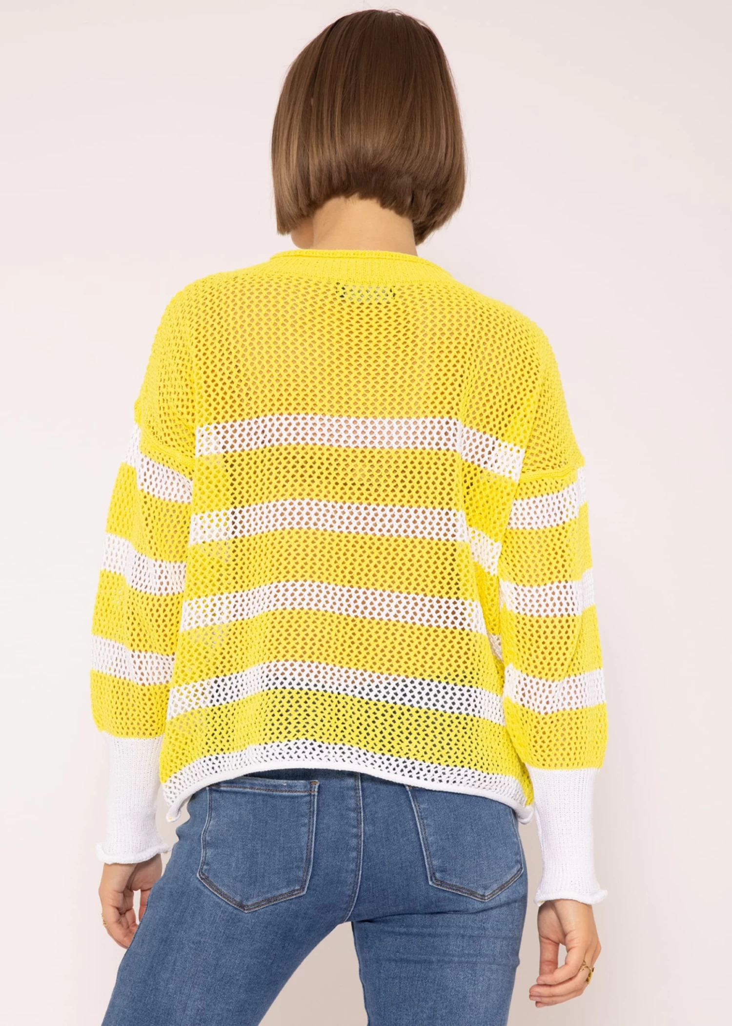 Gestreifter Netz-Pullover, Gelb/weiß 8 Gestreifter Netz-Pullover, Gelb/weiß – Bild 6