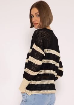 Gestreifter Netz-Pullover, Schwarz/beige 14 Gestreifter Netz-Pullover, Schwarz/beige -Sassyclassy SassyClassy gestreifter netz pullover schwarz beige S3202B5433 4
