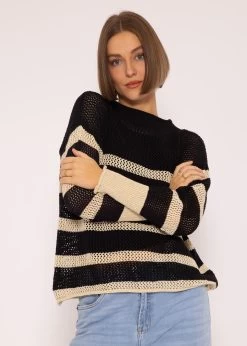 Gestreifter Netz-Pullover, Schwarz/beige