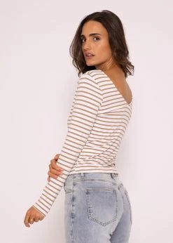 Gestreiftes Langarmshirt Mit Rückenausschnitt, Beige/weiß -Sassyclassy SassyClassy gestreiftes shirt mit ruckenausschnitt beige weiss S3202B5499 7