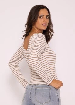 Gestreiftes Langarmshirt Mit Rückenausschnitt, Beige/weiß