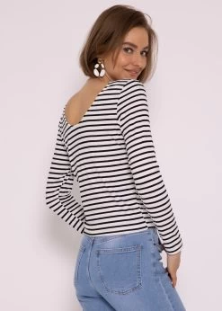 Gestreiftes Langarmshirt Mit Rückenausschnitt, Schwarz/weiß