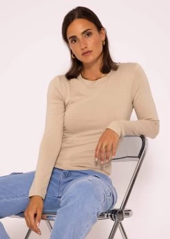 Langarmshirt Mit Diagonaler Biese, Beige