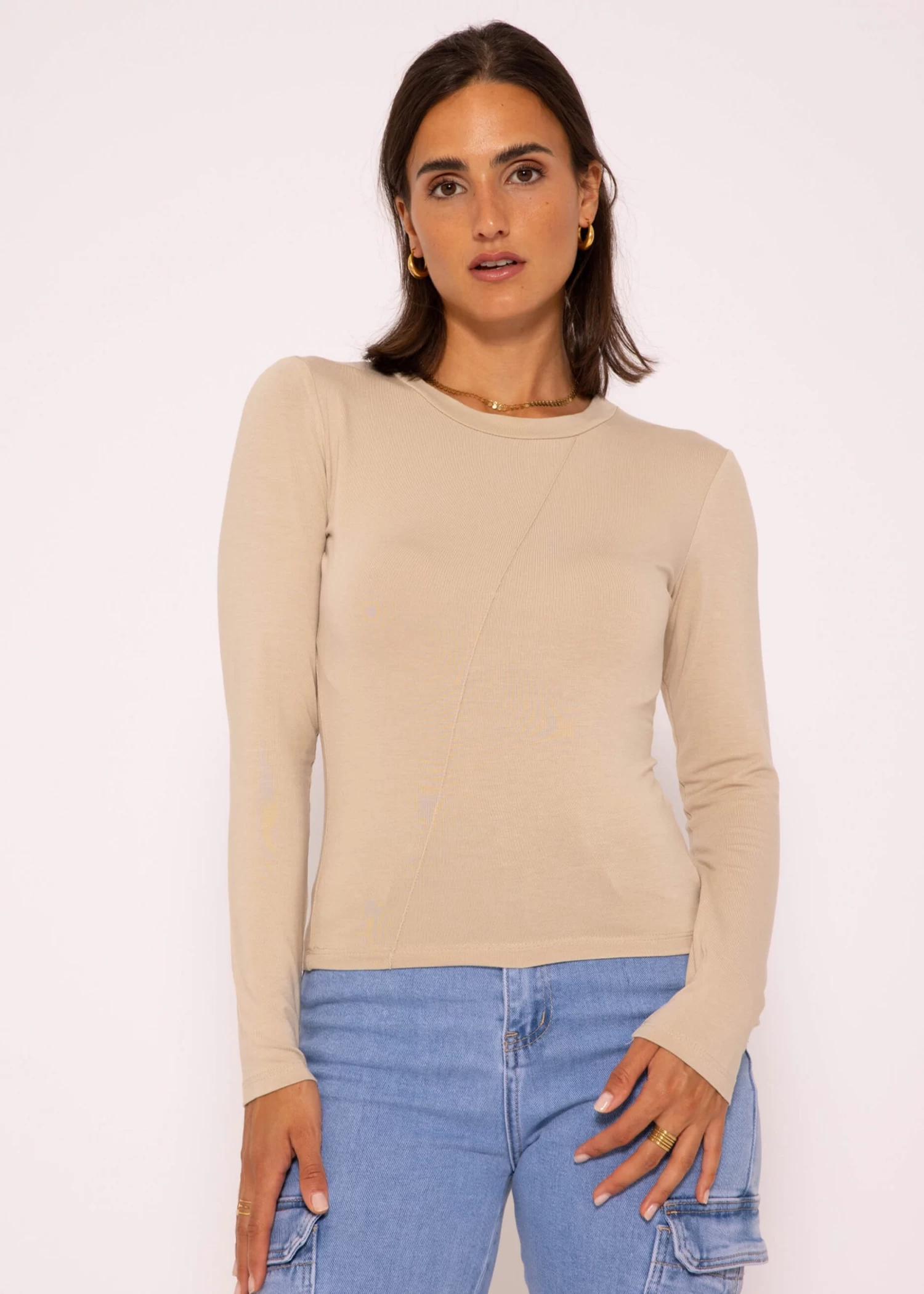 Langarmshirt Mit Diagonaler Biese, Beige 4 Langarmshirt Mit Diagonaler Biese, Beige – Bild 2