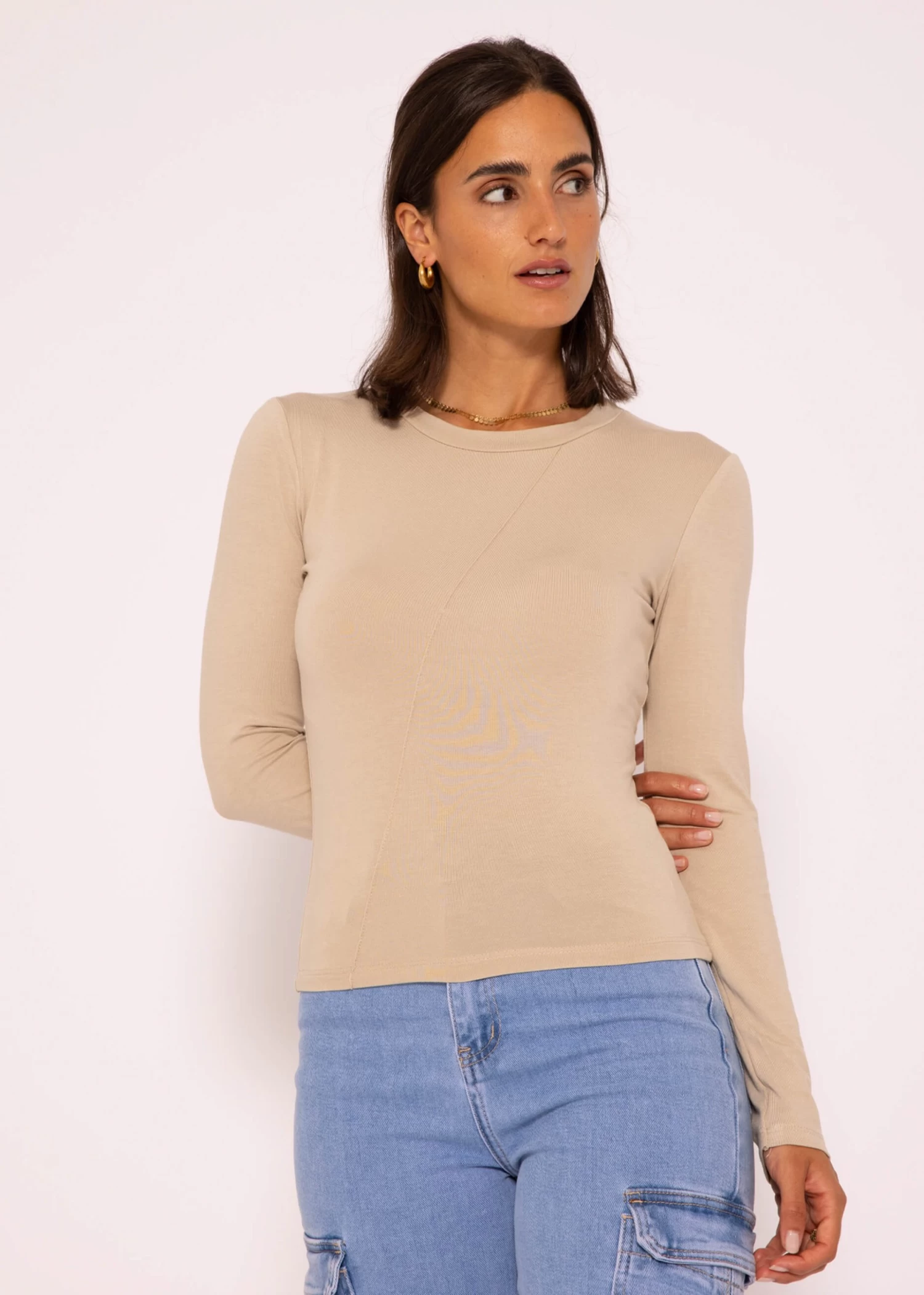 Langarmshirt Mit Diagonaler Biese, Beige 6 Langarmshirt Mit Diagonaler Biese, Beige – Bild 4