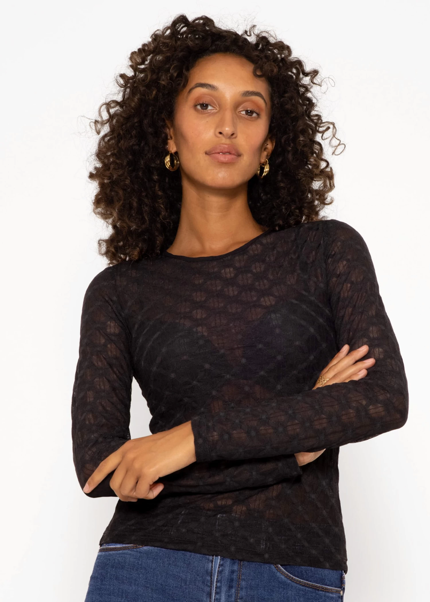 Langarmshirt Mit Netzmuster - Schwarz 3 Langarmshirt Mit Netzmuster - Schwarz