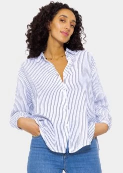 Musselin Bluse, Offwhite, Blau Gestreift