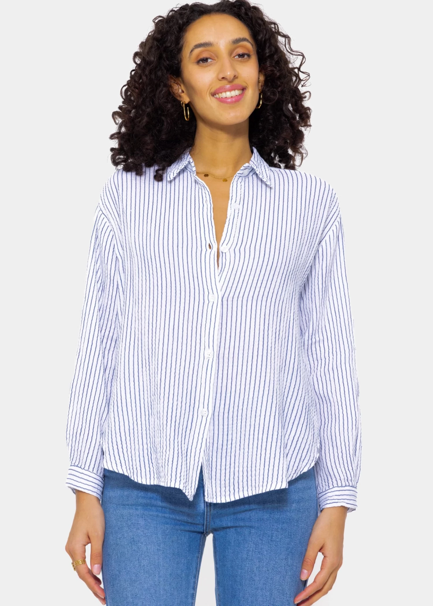 Musselin Bluse, Offwhite, Blau Gestreift 7 Musselin Bluse, Offwhite, Blau Gestreift – Bild 5