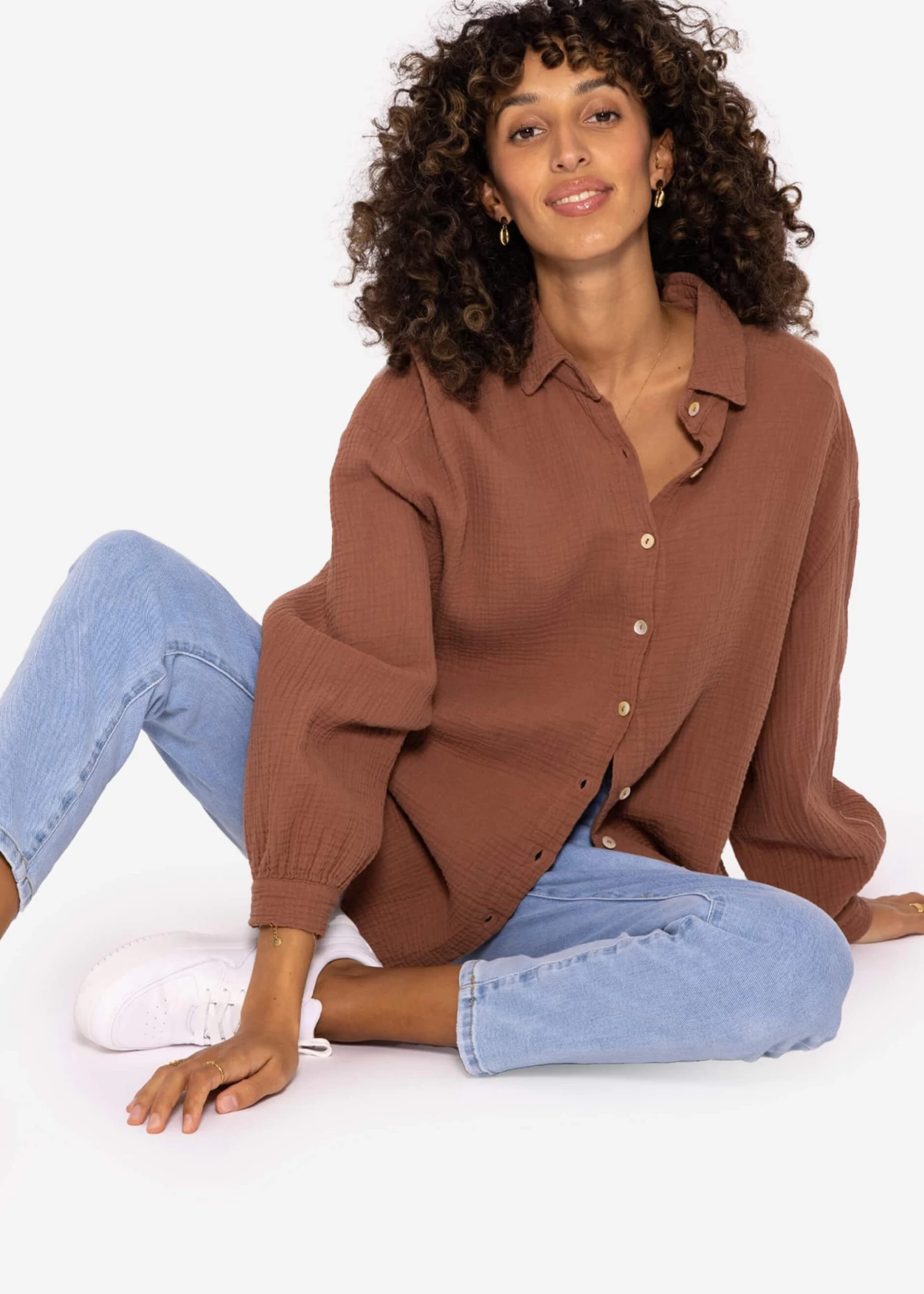 Musselin Bluse Oversize, Kurz, Cafelatte 5 Musselin Bluse Oversize, Kurz, Cafelatte – Bild 3