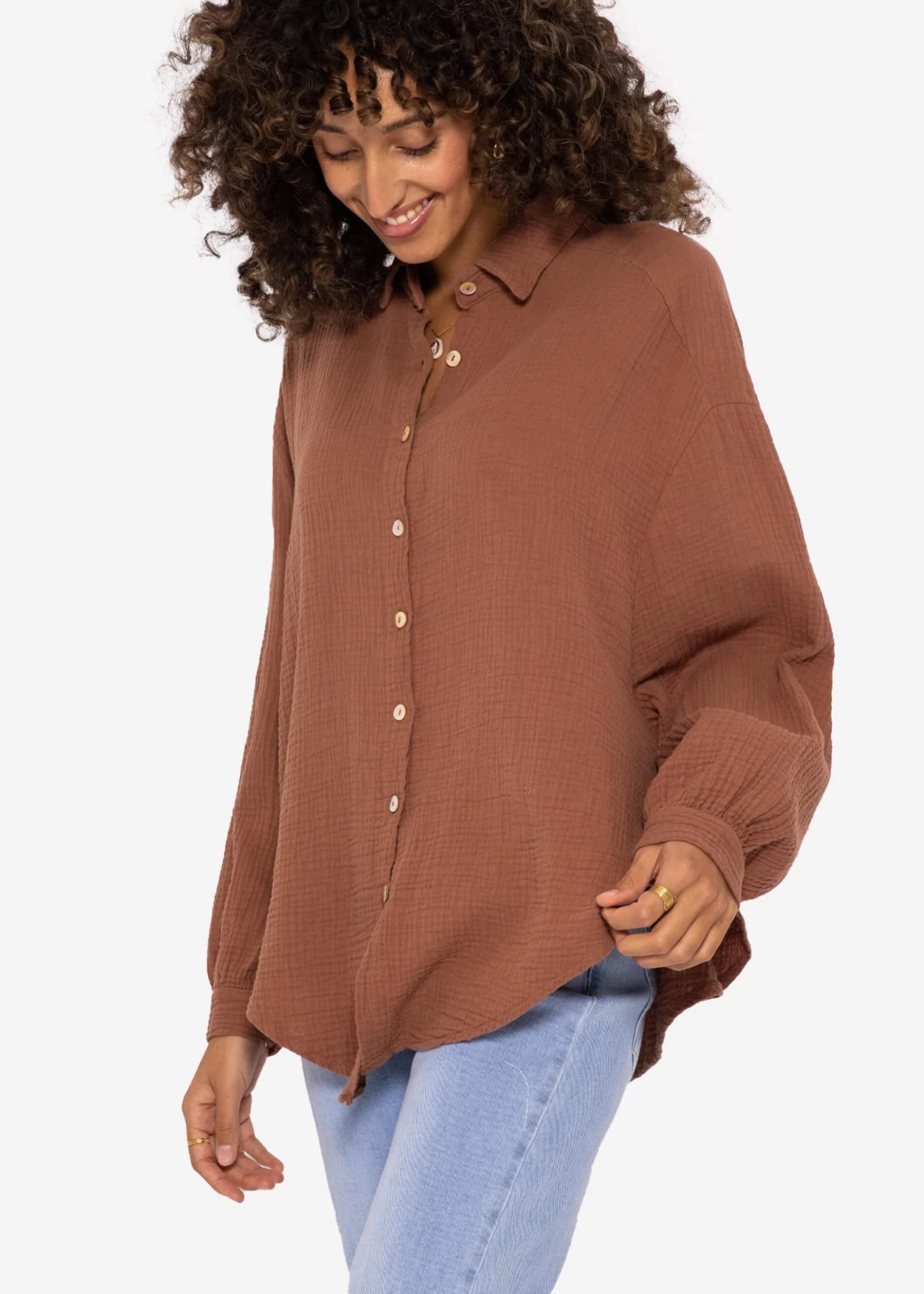 Musselin Bluse Oversize, Kurz, Cafelatte 7 Musselin Bluse Oversize, Kurz, Cafelatte – Bild 5