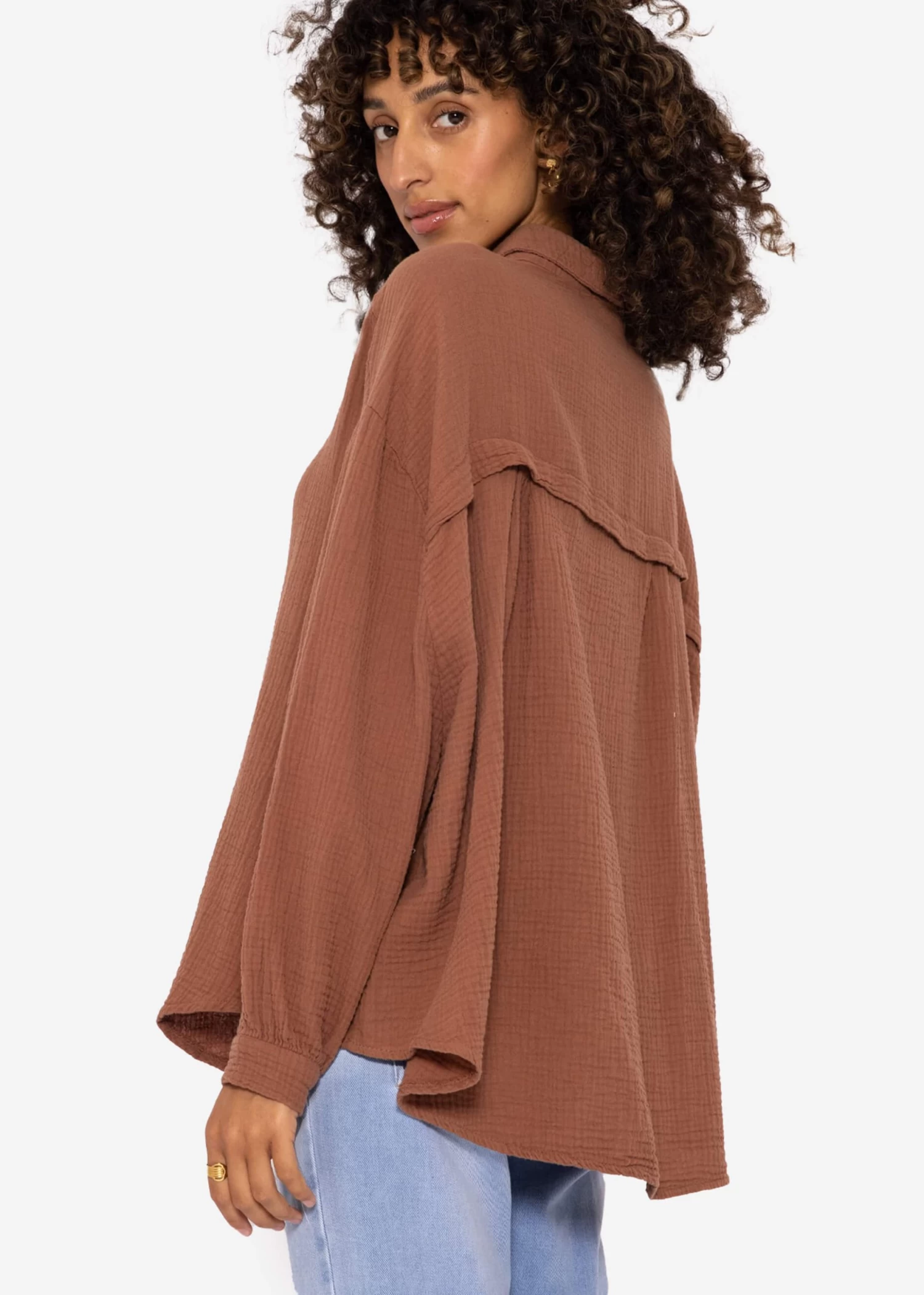 Musselin Bluse Oversize, Kurz, Cafelatte 8 Musselin Bluse Oversize, Kurz, Cafelatte – Bild 6