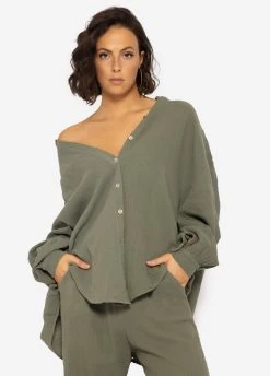 Musselin Bluse Oversize, Kurz, Khaki