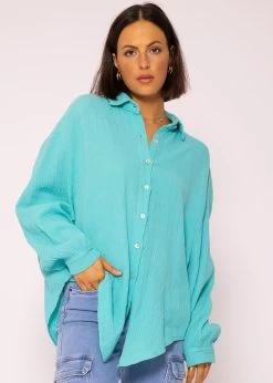 Musselin Bluse Oversize, Kurz, Türkis