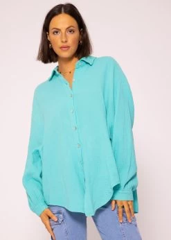 Musselin Bluse Oversize, Kurz, Türkis -Sassyclassy SassyClassy musselin bluse oversize kurz turkis S2202B4491 6