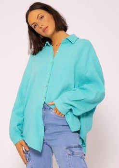 Musselin Bluse Oversize, Kurz, Türkis -Sassyclassy SassyClassy musselin bluse oversize kurz turkis S2202B4491 7