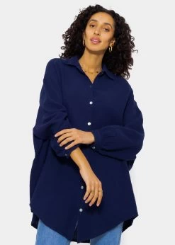 Musselin Bluse Oversize, Dunkelblau