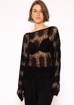 Langarmshirt Mit Spitzenmuster, Schwarz -Sassyclassy SassyClassy netz shirt mit spitzenmuster schwarz S3201B5415 2