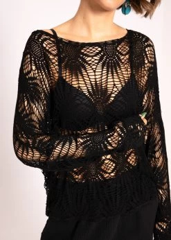 Langarmshirt Mit Spitzenmuster, Schwarz -Sassyclassy SassyClassy netz shirt mit spitzenmuster schwarz S3201B5415 7